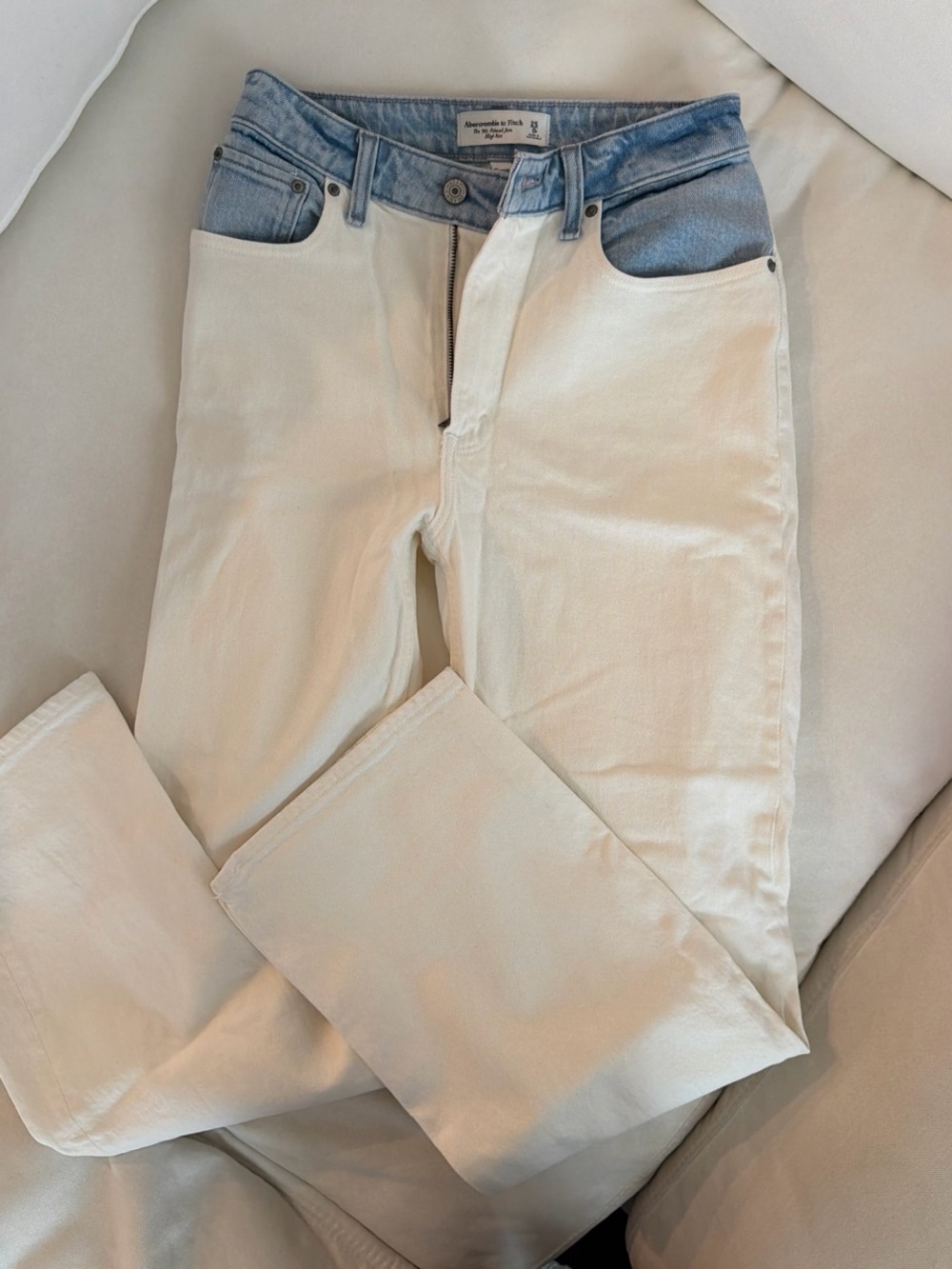 Abercrombie & Fitch Cream Straight Jeans with Light Blue Waistband